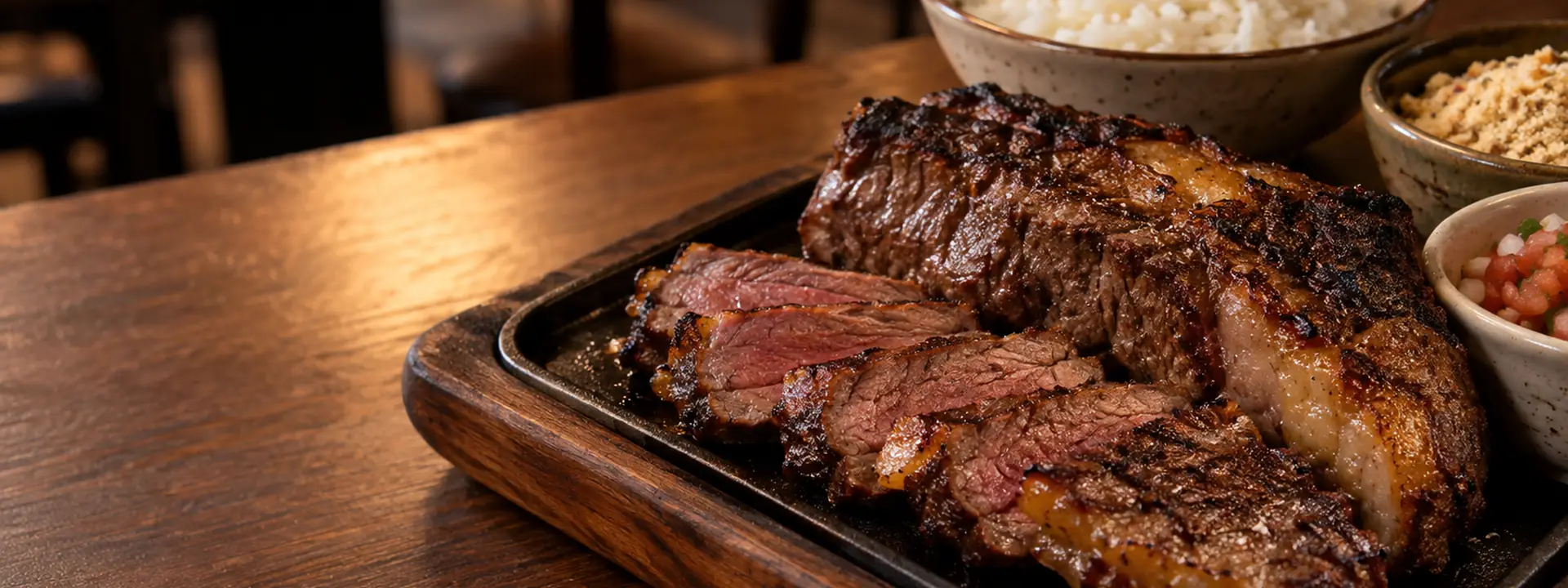 Picanha grelhada Kuality com arroz, farofa e vinagrete